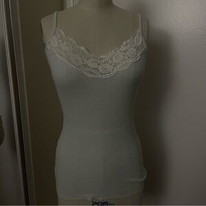 Michael Stars vintage Baby blue shimmery with white lace trim tank top